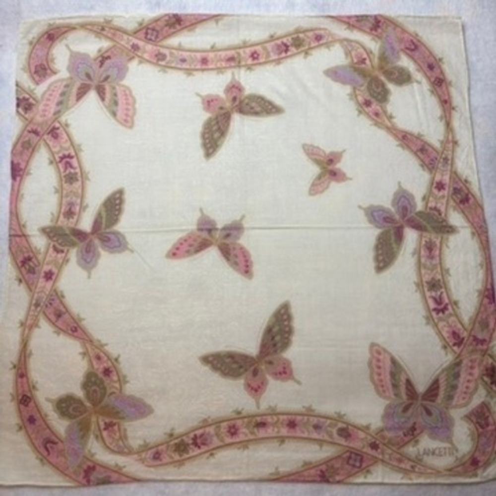 Vtg LANCETTI Scarf Handkerchief Butterfly Cotton Pink Lavender 20.5"